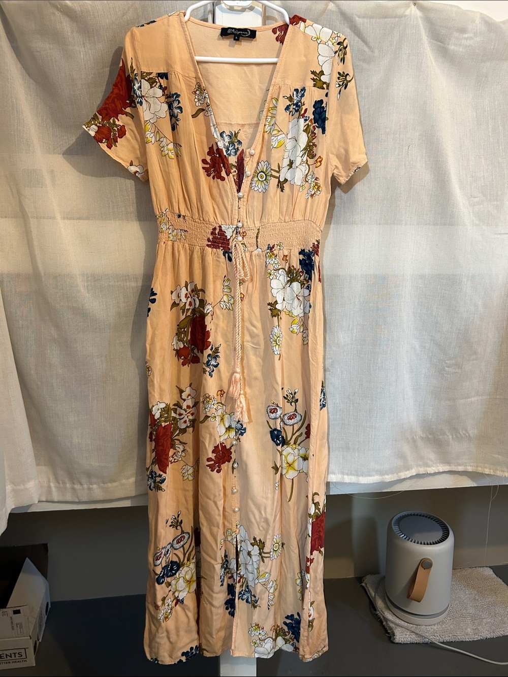 Floral Peach Midi Dress with Button Front